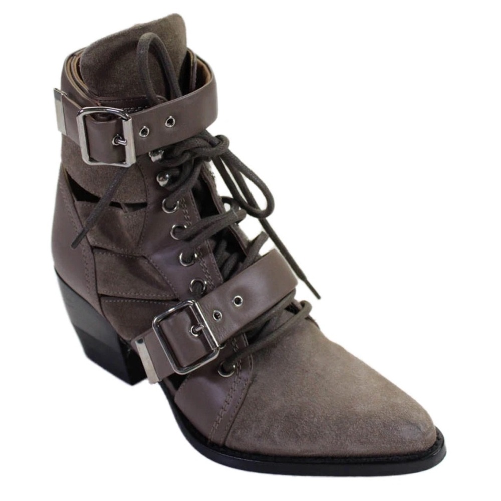 Chloe Gray Combat Moto Boots with Leather Straps